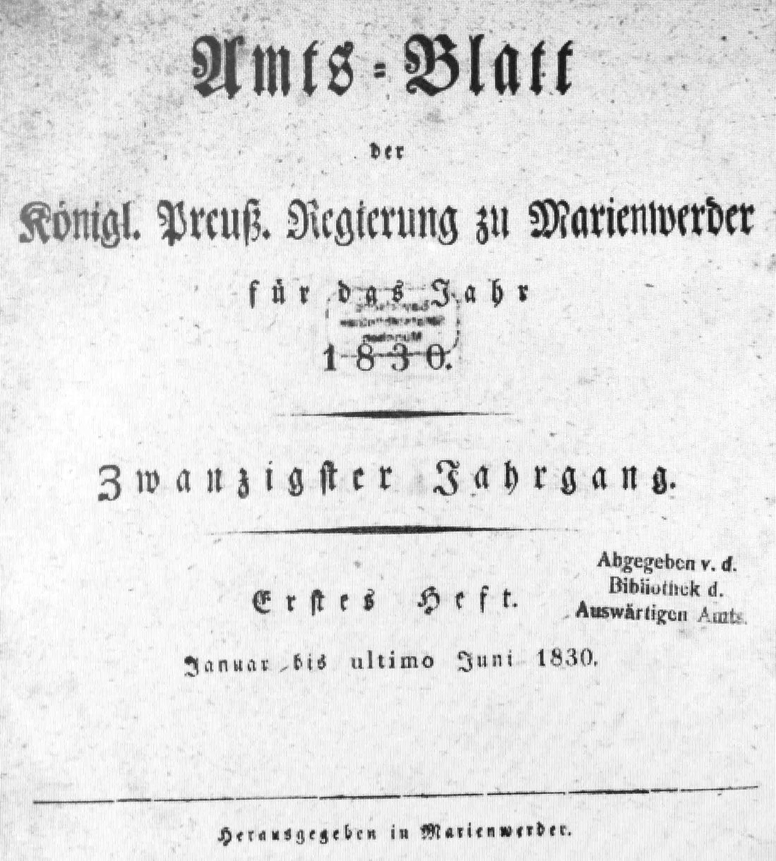 Seite des Amts-Blattes der Königlichen Preußischen Regierung zu Marienwerder von 1830 mit einer polizeilichen Bekanntmachung