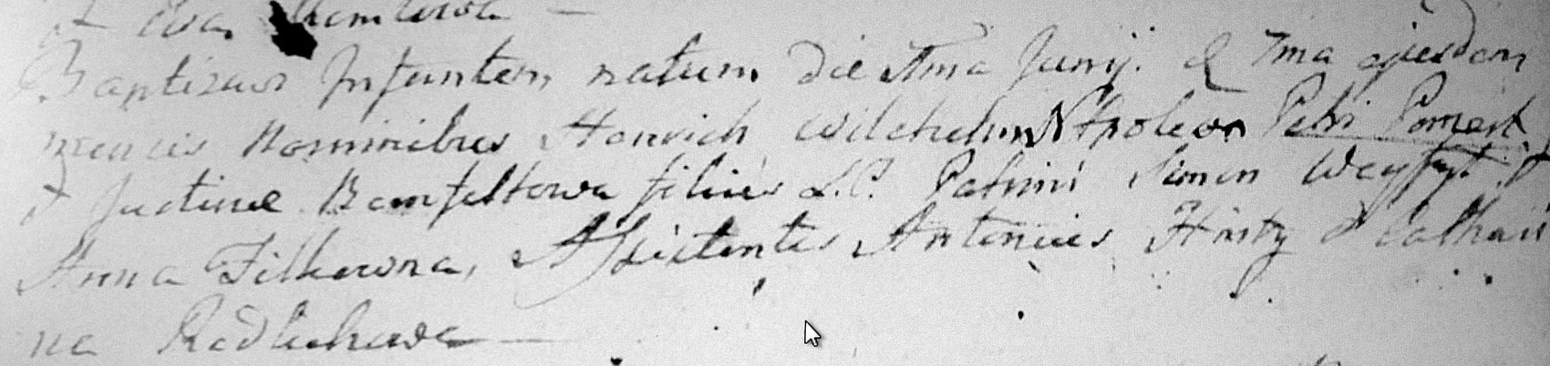 Geburtseintrag von 1818 aus Groß Schönwalde über die Geburt des Henrich Wilhelm Napoleon Bomert