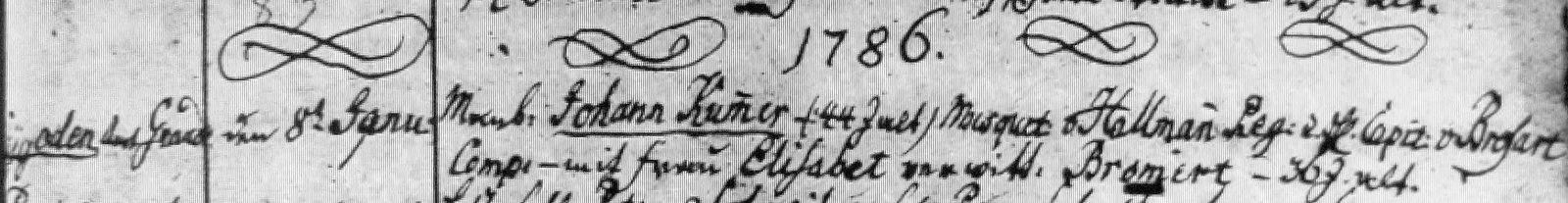 Traueintrag von 1786 aus dem Kirchenbuch der Landgemeinde Graudenz mit der Eheschließung des Musketiers Johann Kummer