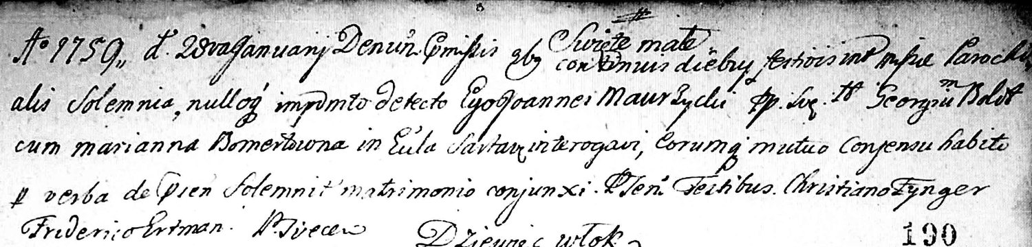 Eintrag im Trauungsbuch des Kirchspiels Schwenten von 1759 über die Eheschließung der Marianna Bomert mit Georg Boldt
