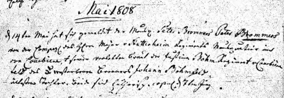 Traueintrag von 1808 im Militärkirchenbuch Graudenz über die Eheschließung des Musketiers Peter Bommert
