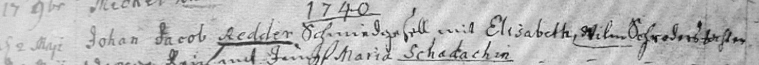 Traueintrag von 1740 in der evangelischen Kirche Graudenz über die Eheschließung des Schmiedegesellen Johann Jacob Redder