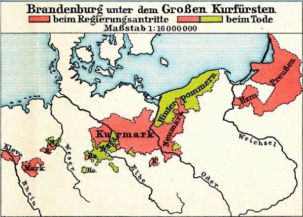 Karte Brandenburgs unter dem Großen Kurfürsten mit den Erwerbungen bei Regierungsantritt und bei seinem Tode