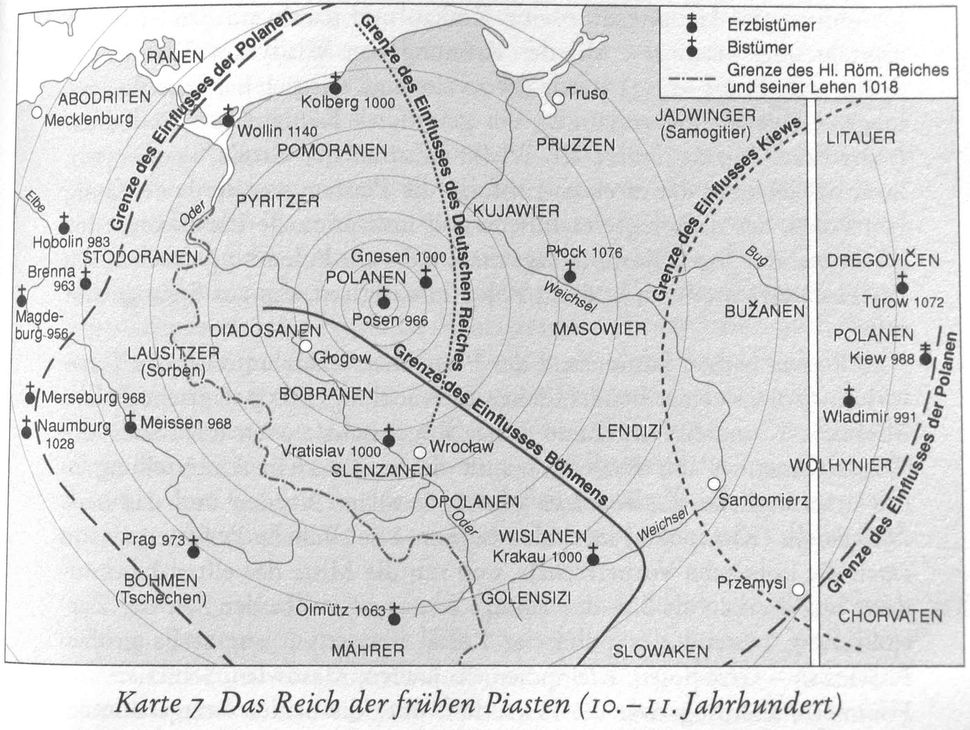 Karte des Reiches der frühen Piasten im 10. und 11. Jahrhundert