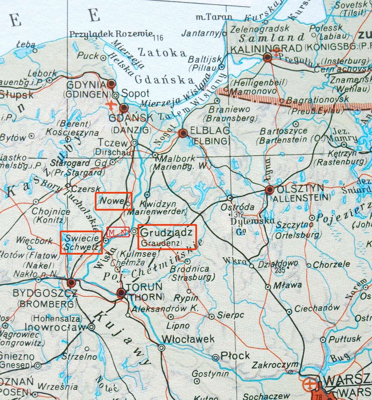 Karte des nördlichen Weichseltals mit rot eingerahmten Städten Nowe, Swiecie und Grudziądz