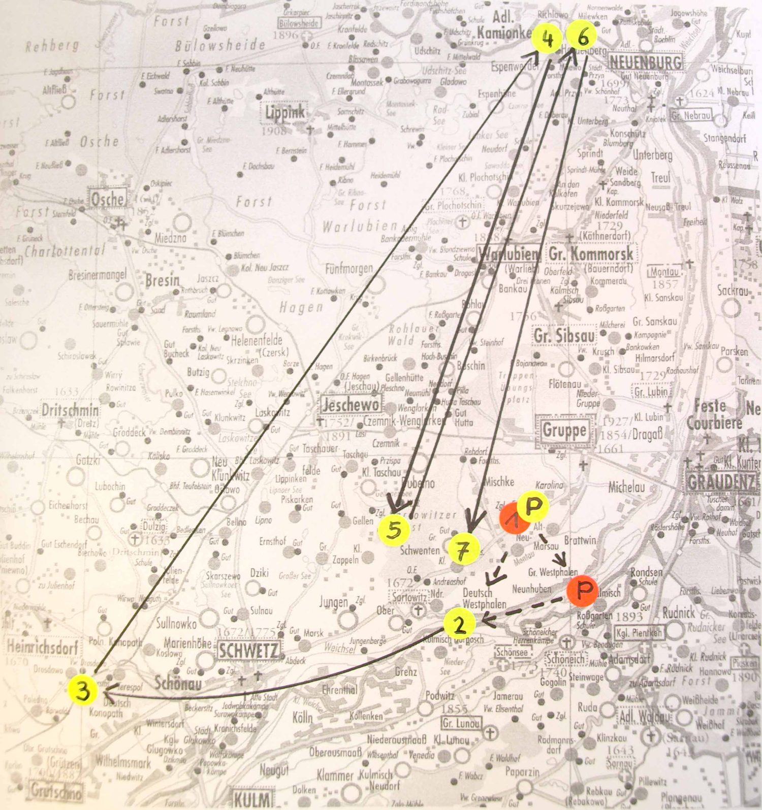Karte 5 der Wanderungsbewegung des Johann Friedrich (II.) mit farbigen Wohnsitzmarkierungen zwischen Schwetz, Neuenburg und Graudenz