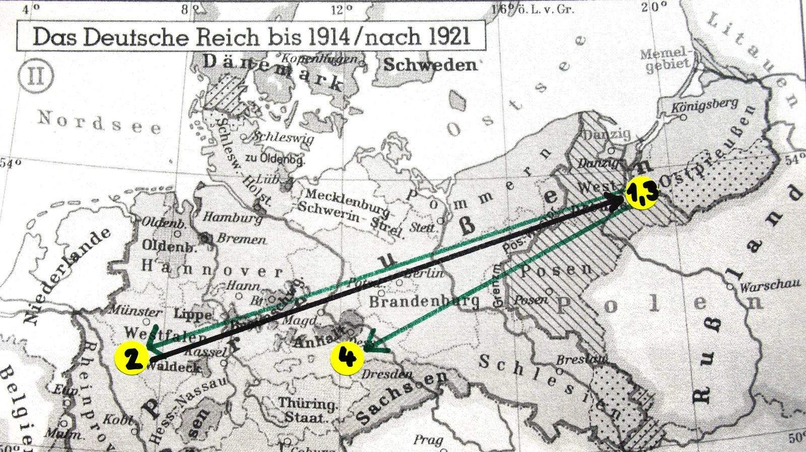 Karte des Deutschen Reiches mit eingezeichneter Reisestrecke von Kulm nach Hückeswagen und zurück