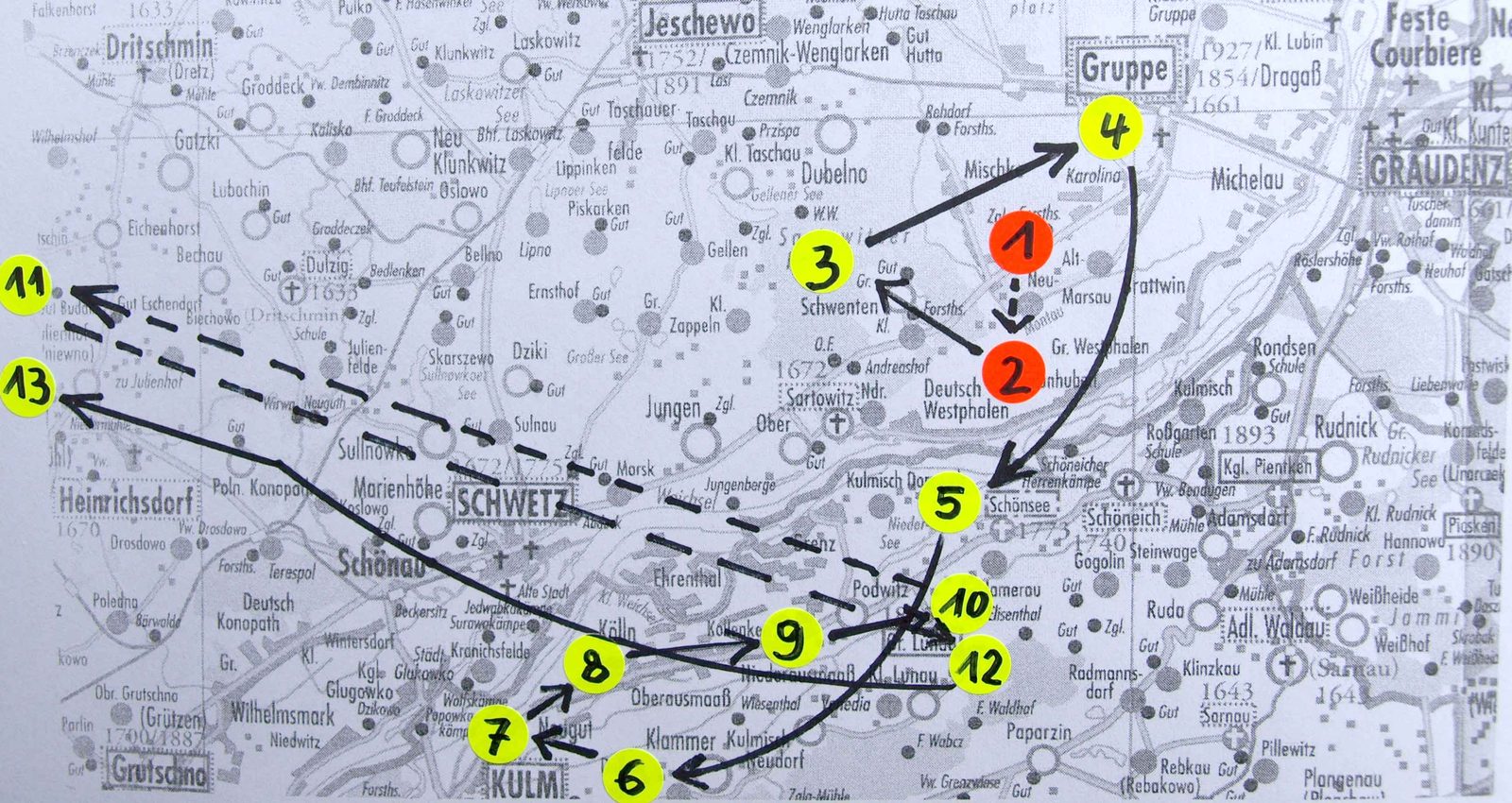Wanderungskarte der Kulmer Stammfolge zwischen 1737 und 1920 mit Stationen zwischen Weichsel, Kulm und Sachsen
