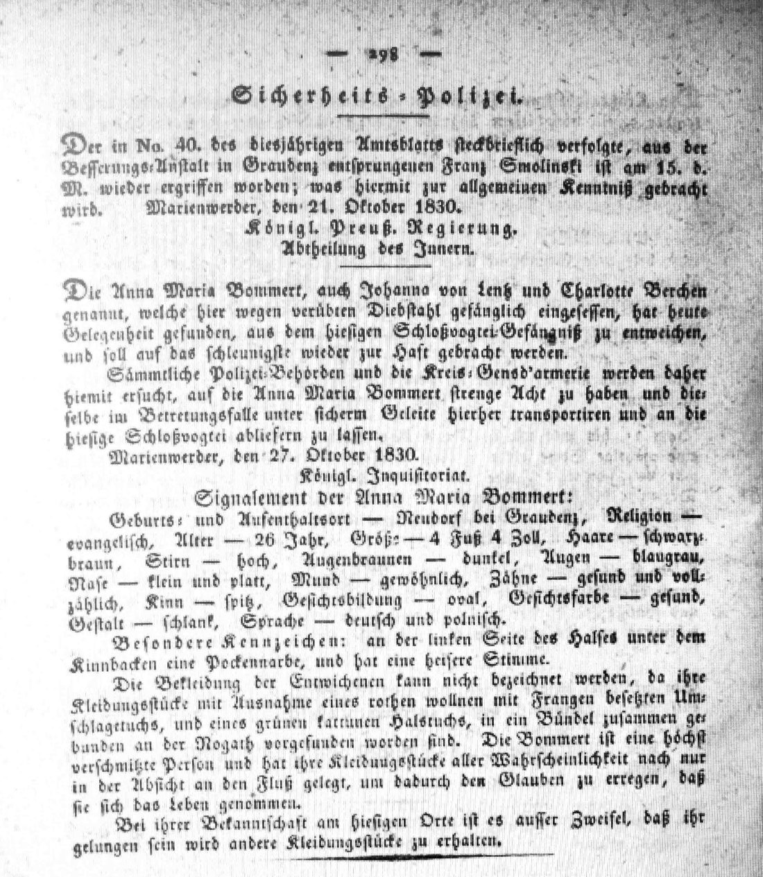 Steckbrief der Anna Maria Bommert von 1830 mit vollständigem Signalement