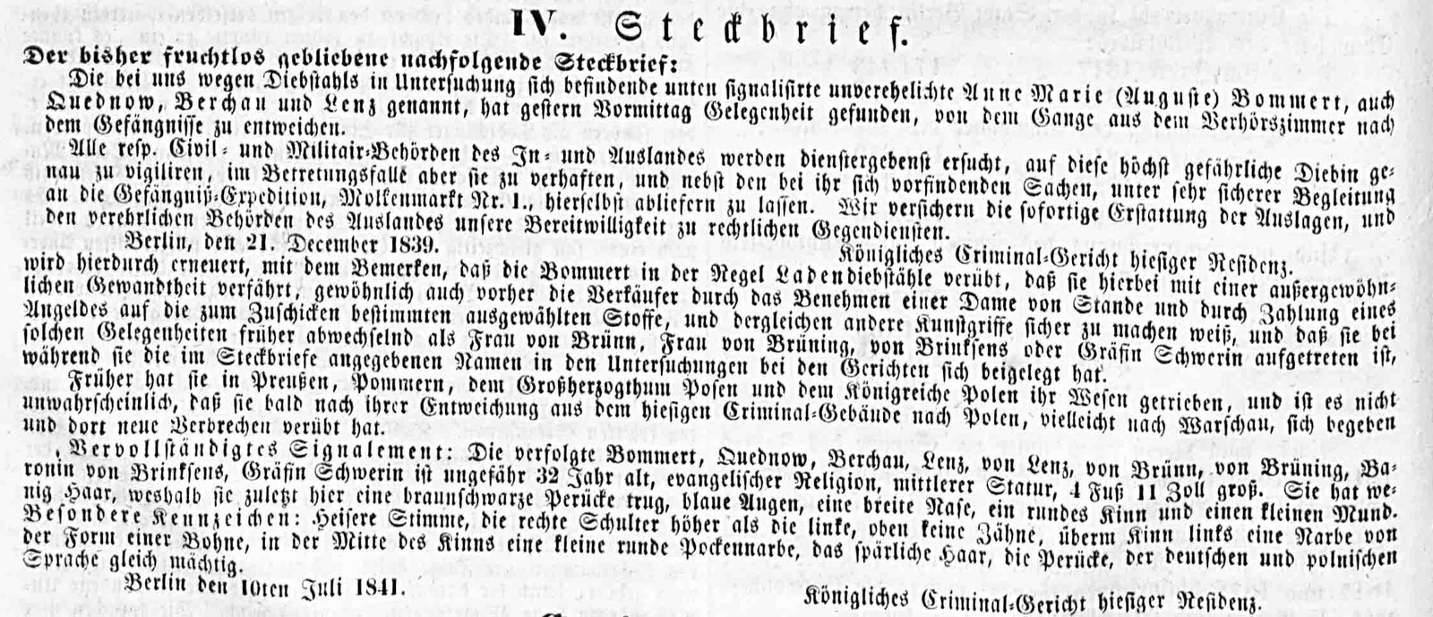 Steckbrief der Anna Maria Bommert von 1841 aus der Berliner Akte