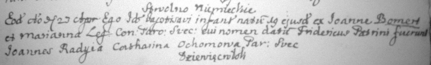 Ausschnitt aus dem Taufbuch des Kirchspiels Schwenten von 1741 mit der Taufeintragung des Fridericus