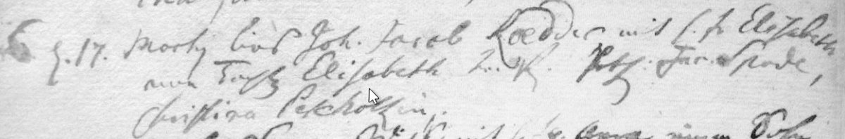 Taufeintrag von 1748 im Kirchenbuch Groß Nebrau auf den Namen Elisabeth, Tochter des Johann Jacob Roedder