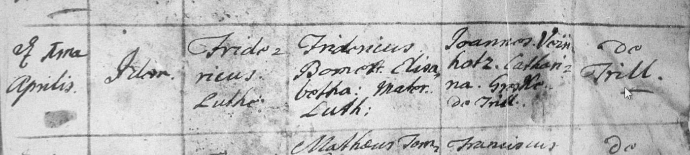 Taufeintrag von 1772 aus Trill über die Taufe des Fridericus, Sohn des Fridericus