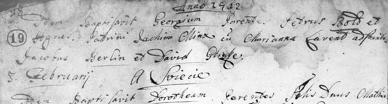 Eintrag im Taufbuch der katholischen Kirche Schwetz von 1712 auf den Namen Georg Boldt